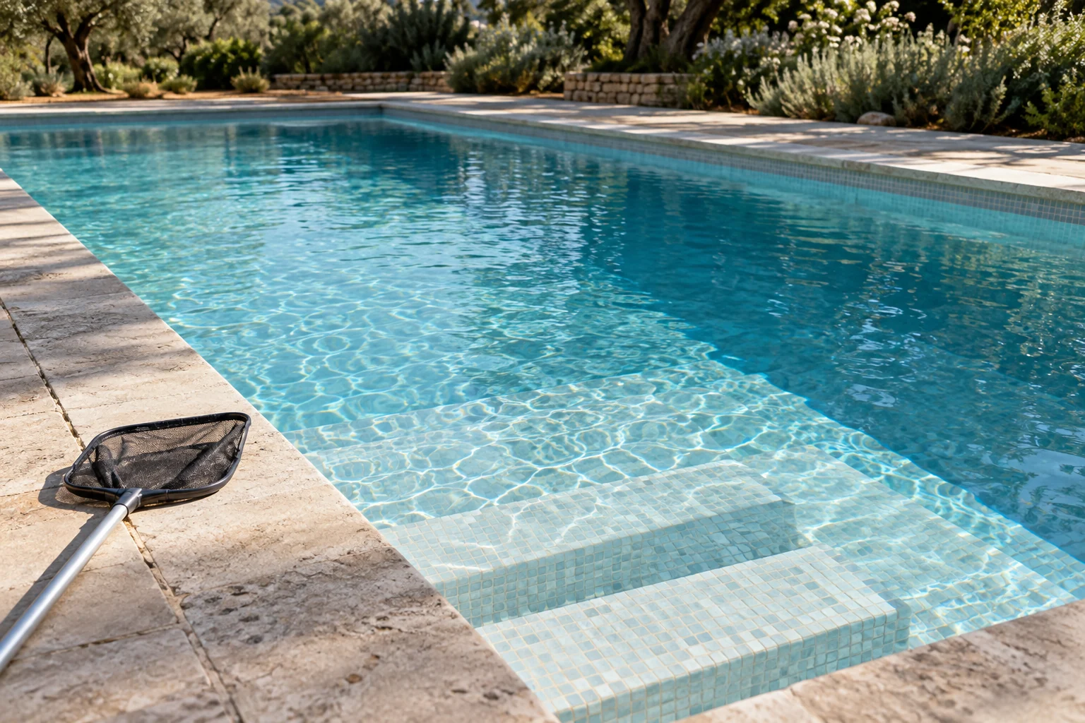 Pool steps beneath clear water, with a cleaning net resting on the pool edge.