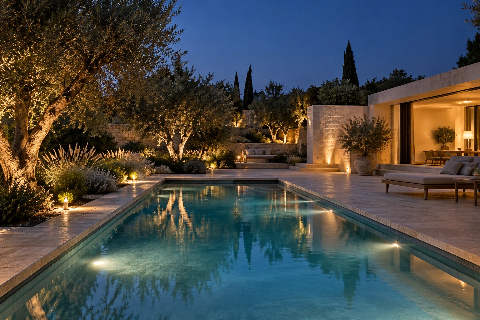Garden swimming pool at twilight with restrained underwater and path lighting.