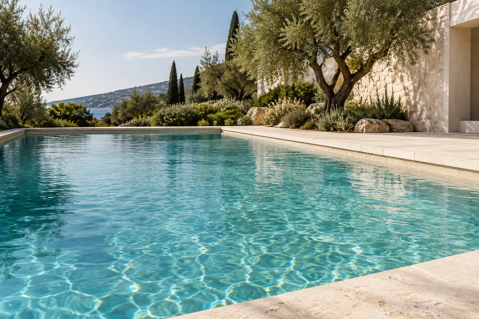 Clear turquoise pool water bordered by pale stone and a quiet garden.